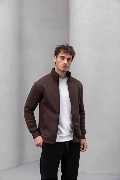 Valiberta Marcel Regular Fit Zippered Pocket Three-Thread Ribbed Men's Sweatshirt - Brown