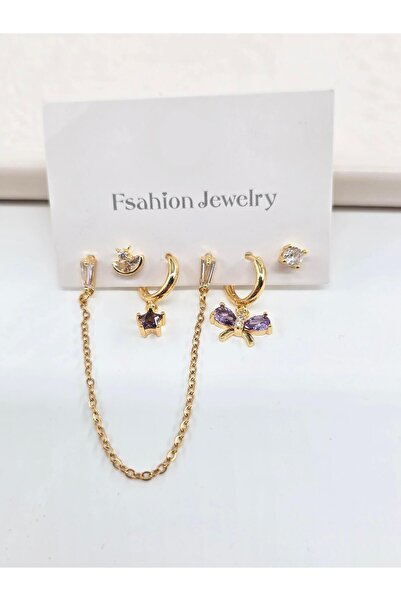 By Zeyna Aksesuar Women's Vip Series Zircon Stone 6-Piece Asymmetric Earring Set – Antiallergenic