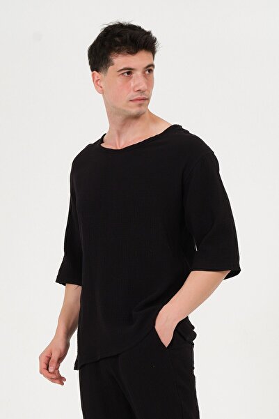 RELAXL 100% Cotton Basic Crew Neck Loose Fit Muslin Black T-Shirt