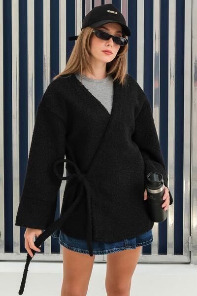 Olcay Front Tie Boucle Kimono Jacket Black 8265
