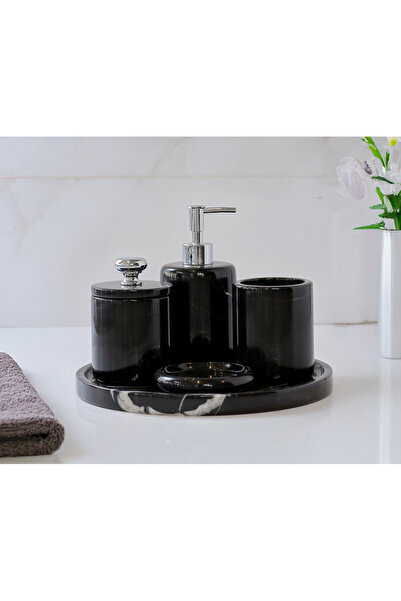 marbelix طقم حمام رخامي من 5 قطع - صندوق صابون سائل، صينية، حامل مناديل، حامل فرشاة أسنان، حامل صابون صلب