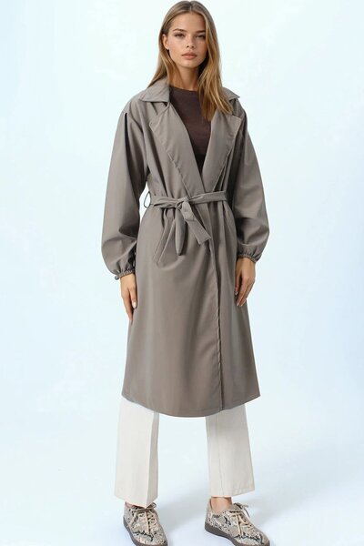 VAGGON Women's Mink Double-Breasted Collar Trench Coat with Tie and Elasticated Sleeves Vs01074