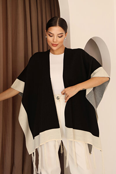 ALCHON Σάλι U με γιακά χωρίς μανίκια, ζακάρ με λωρίδες στις άκρες, φούντες, κανονικό μέγεθος, εποχιακό πλεκτό σάλι