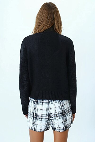 VAGGON Pulover de tricotat cu ciucuri pentru femei, negru, cu decolteu, cu detaliu în talie și mâneci, Vs01046