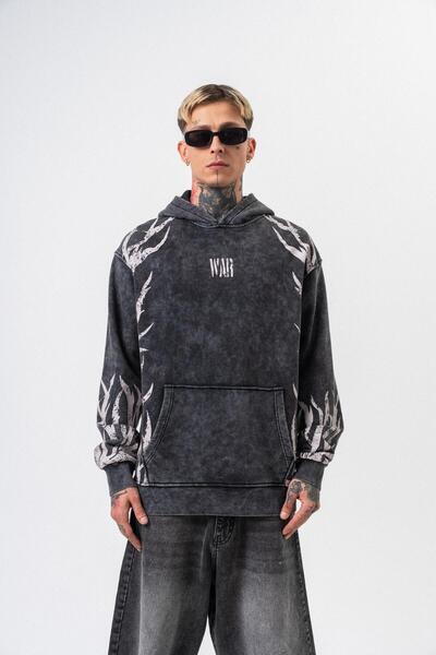 Respire Men's War Printed Washable Hooded Oversize Hoodie Black