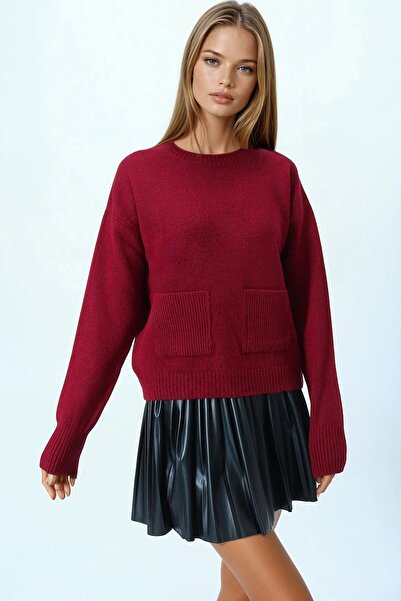 VAGGON Pulover de tricotat pentru femei, bordeaux, cu buzunar dublu, cu gâtul rotund, Vs01055