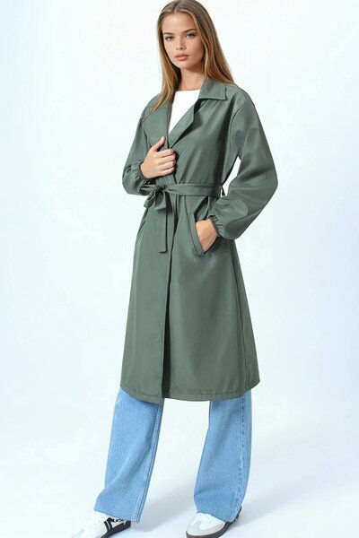 VAGGON Double-Breasted Collar Trench Coat with Tie and Elasticated Sleeves