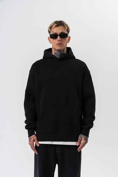 Respire Men's Süzene Embroidery Detailed Hooded Oversize Hoodie Black