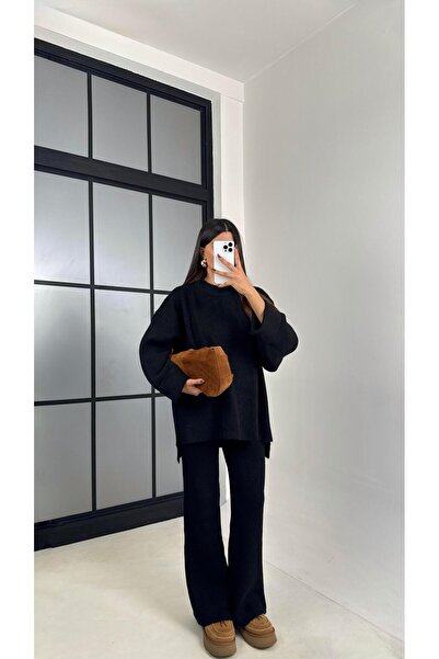 Gaus Black Double Sleeve Sweater Elastic Waist Pants Knitwear Set Gaus-00200