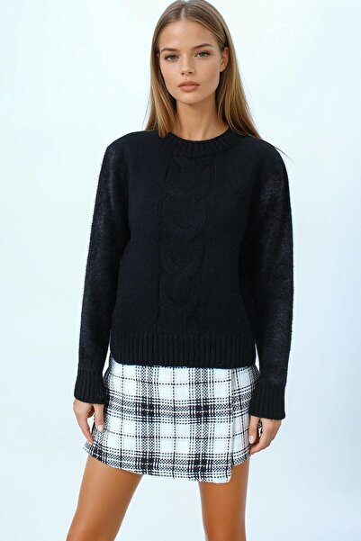 VAGGON Pulover de tricotat cu ciucuri pentru femei, negru, cu decolteu, cu detaliu în talie și mâneci, Vs01046