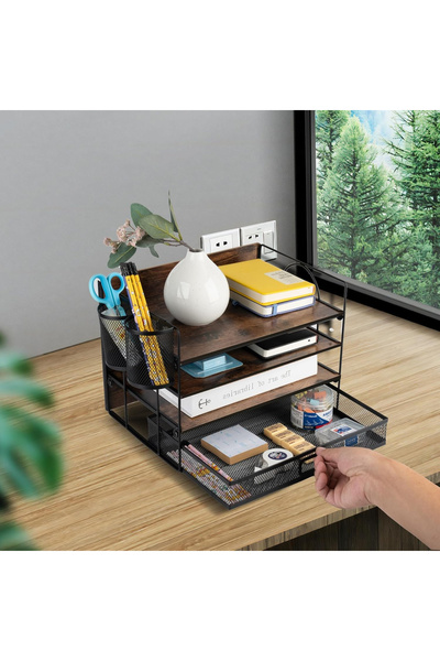 OEM Wooden desk organizer with vintage metal mesh, 4 levels