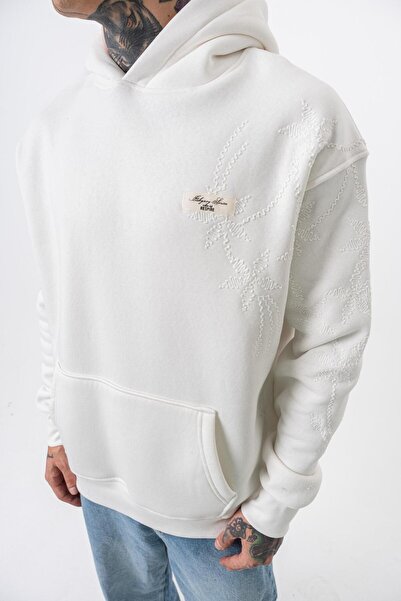 Respire Erkek Minimalism Series Nakışlı Kapüşonlu Oversize Hoodie Ekru