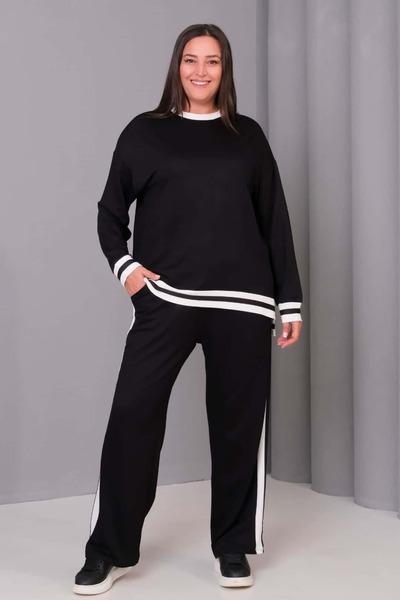 tarzımsüper Women's Plus Size Stripe Detailed Elastic Waist Pocketed Sports Casual Tracksuit Set