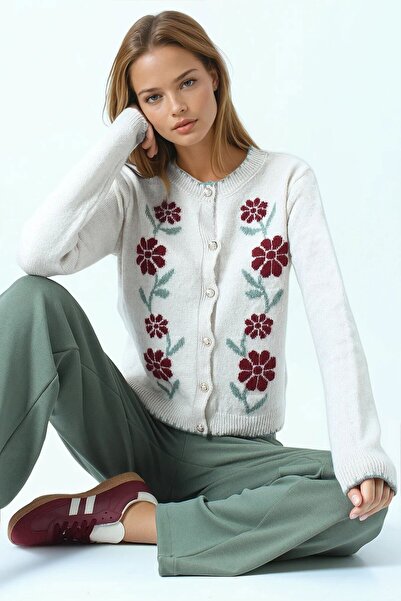 VAGGON Women's Burgundy Floral Patterned Buttoned Knitwear Cardigan Vs01047