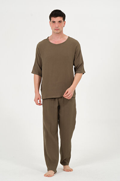RELAXL 100% Cotton Crew Neck Oversize Khaki Muslin T-Shirt Home Wear