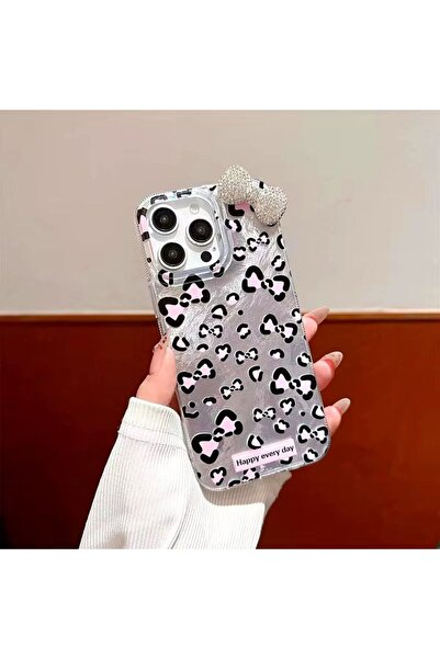 madamcase İPHONE 13 GİRİ LEOPAR DESENLİ TAŞLI FİYONKLU TELEFON KILIFI