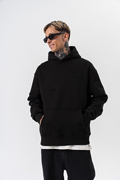 Respire Ανδρικό φούτερ με κουκούλα με κέντημα, oversize, μαύρο