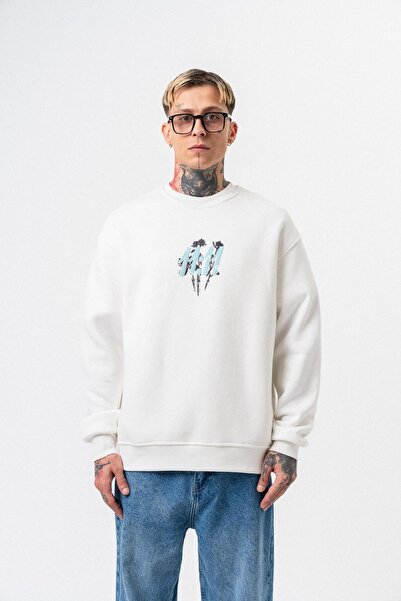 Respire Men's 11.11 Printed Crew Neck Oversize Sweatshirt Ecru