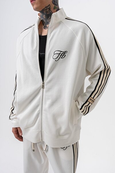 Respire Men's 3-Piece Stripe Detailed Stand Collar Doubleface Zip Oversize Sweatshirt Ecru