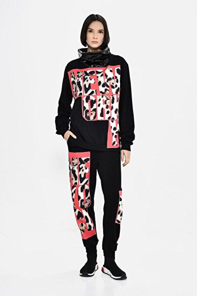 DQMANE Women's Black Leopard and Stone Detailed Tracksuit Set