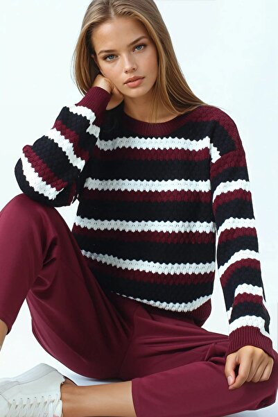 VAGGON Women's Burgundy Crew Neck Striped Patterned Knitwear Sweater Vs01041
