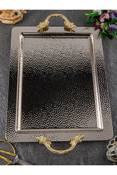 SENA HEDİYELİK Damla Desenli Gümüş Renk Diktörtken 6 Kişilik Tepsi (53x33 cm)