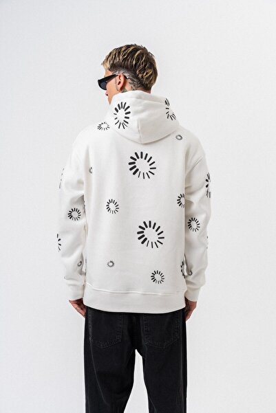 Respire Men's Upload Printed Hooded Oversize Hoodie Ecru