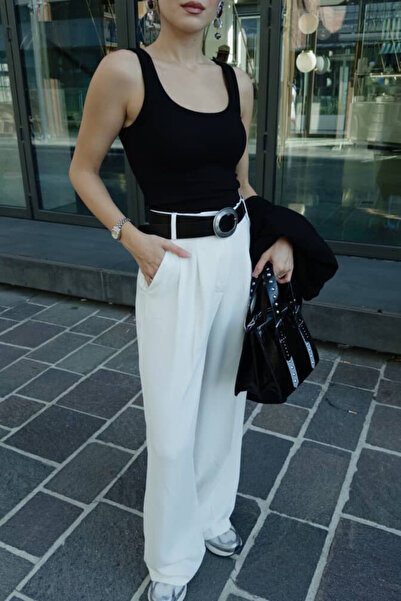 Vera Tekstil Women's White High-Waisted Pleated Wide-Leg Pants – Elastic Waist, Gold Buttons, Does Not Show Inner Waistband