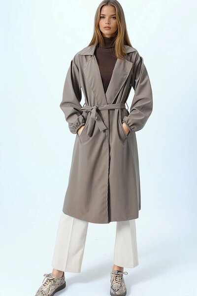 VAGGON Double-Breasted Collar Trench Coat with Tie and Elasticated Sleeves
