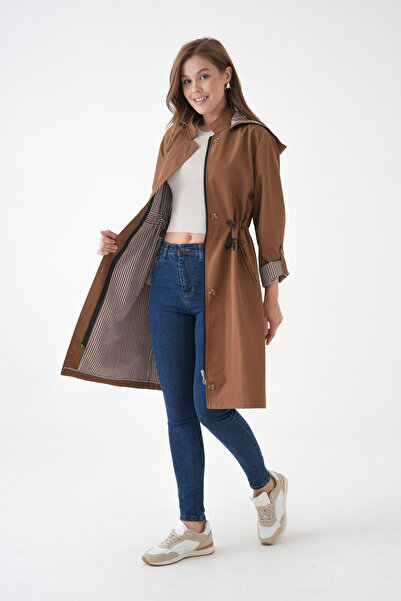 Ayşo Brown Wind, Waterproof Bondit Fabric Detachable Buttoned Hooded Trench Coat with Tunnel Waist