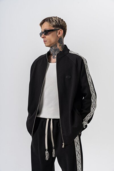 Respire Чоловічий дамаський смугастий оверсайз-светр з високим коміром, подвійною блискавкою та чорним кольором