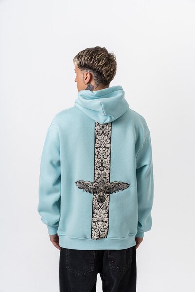 Respire Мъжка качулка с принт Feel, размер Oversized, цвят Baby Blue