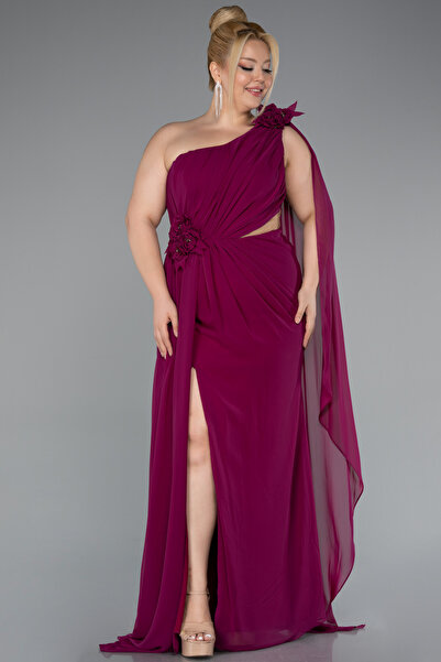 Abiyefon Mürdüm Tek Omuz Yırtmaçlı Uzun Şifon Büyük Beden Abiye ABU5145