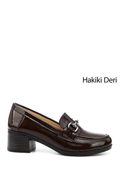 GÖNDERİ(R) Women/Girls Brown Patent Leather Short Thick Heeled Genuine Leather Shoes