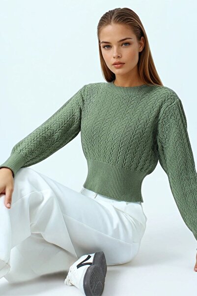 VAGGON Women's Green Patterned Crew Neck Long Sleeve Knitwear Sweater Vs01043
