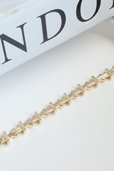 DEMOKAN Kadın Bileklik Kararmaz 14k Altın Renk Vip Seri İthal Yarım Kübik Şerit Model Bileklik