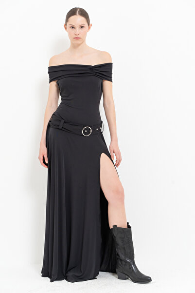 Kikiriki Black Belt Detailed Boat Neck Long Dress