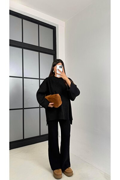 Gaus Black Double Sleeve Sweater Elastic Waist Pants Knitwear Set Gaus-00200