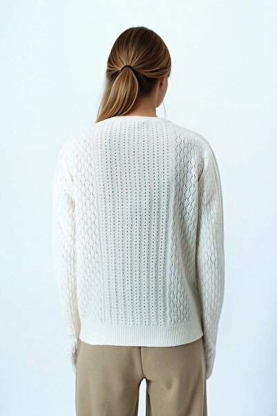 VAGGON Women's Cream Openwork Patterned Ribbed Knitwear Sweater Vs01044