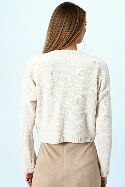 VAGGON Women's Beige Embossed Patterned Crew Neck Long Sleeve Knitwear Sweater Vs01051