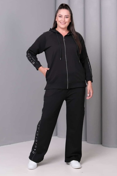 tarzımsüper Women's Plus Size Metal Detailed Hooded Pocketed Sports Casual Tracksuit Set