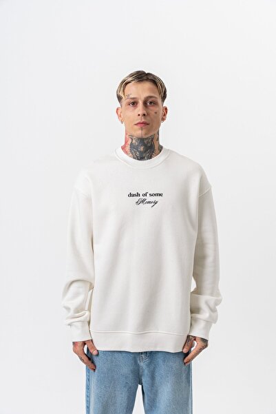 Respire Men's Memory Printed Crew Neck Oversize Sweatshirt Ecru