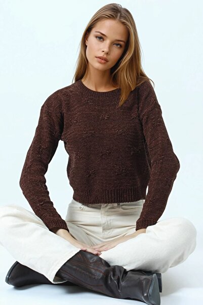 VAGGON Women's Brown Embossed Patterned Crew Neck Long Sleeve Knitwear Sweater Vs01051