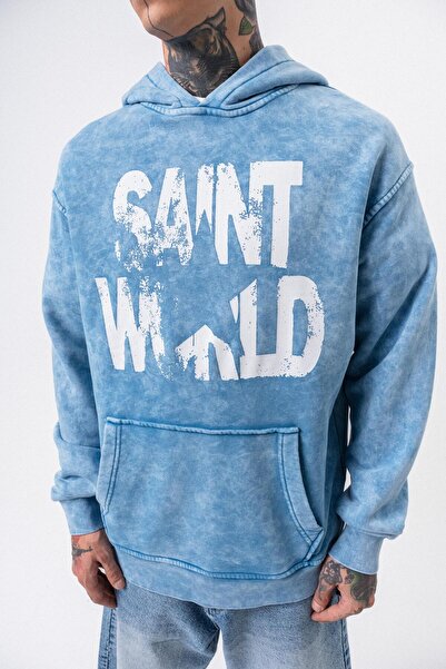 Respire Erkek Star Baskılı Yıkamalı Kapüşonlu Oversize Hoodie Mavi