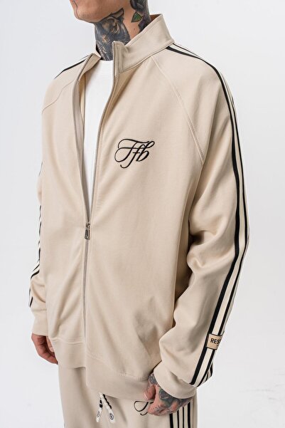 Respire Ανδρικό φούτερ με λεπτομέρεια με ρίγες, όρθιο γιακά, διπλό φερμουάρ, oversize, μπεζ