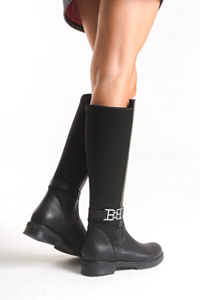Limeo Жіночі чорні довгі чоботи на низьких підборах із застібкою-блискавкою та еластичною вставкою ззаду