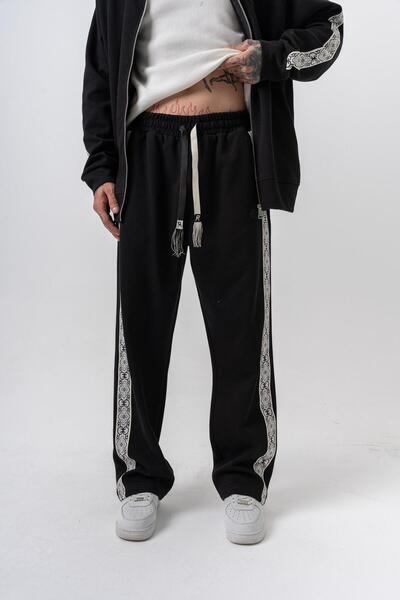 Respire Men's Damask Stripe Detailed Winter Doubleface Baggy Sweatpants Black