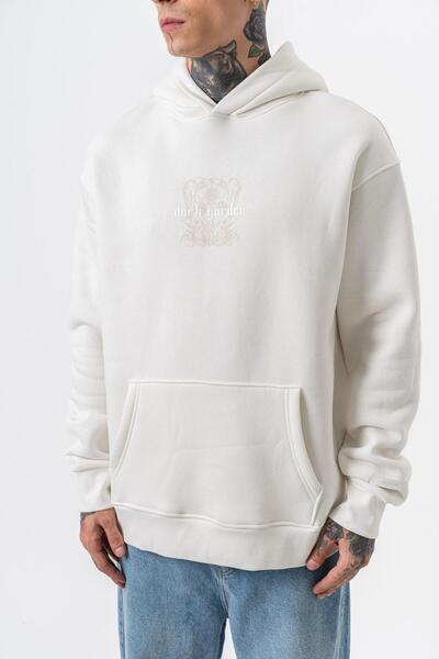 Respire Men's Garden Printed Hooded Oversize Hoodie Ecru