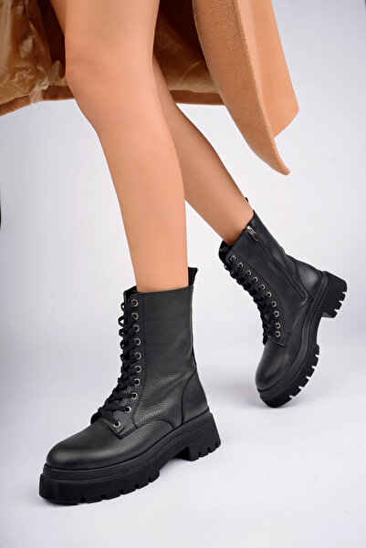 Deripabuc Hakiki Deri Siyah Kadın Deri Bot TRC-10936