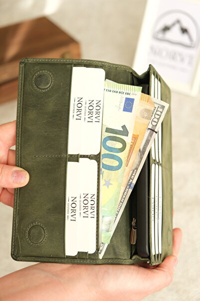 Norvi Leather Genuine Leather Wallet with Phone Compartment and Hand Strap Green 1028